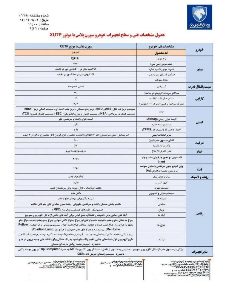 مشخصات فنی سورن پلاس XU7P ایران خودرو + امکانات